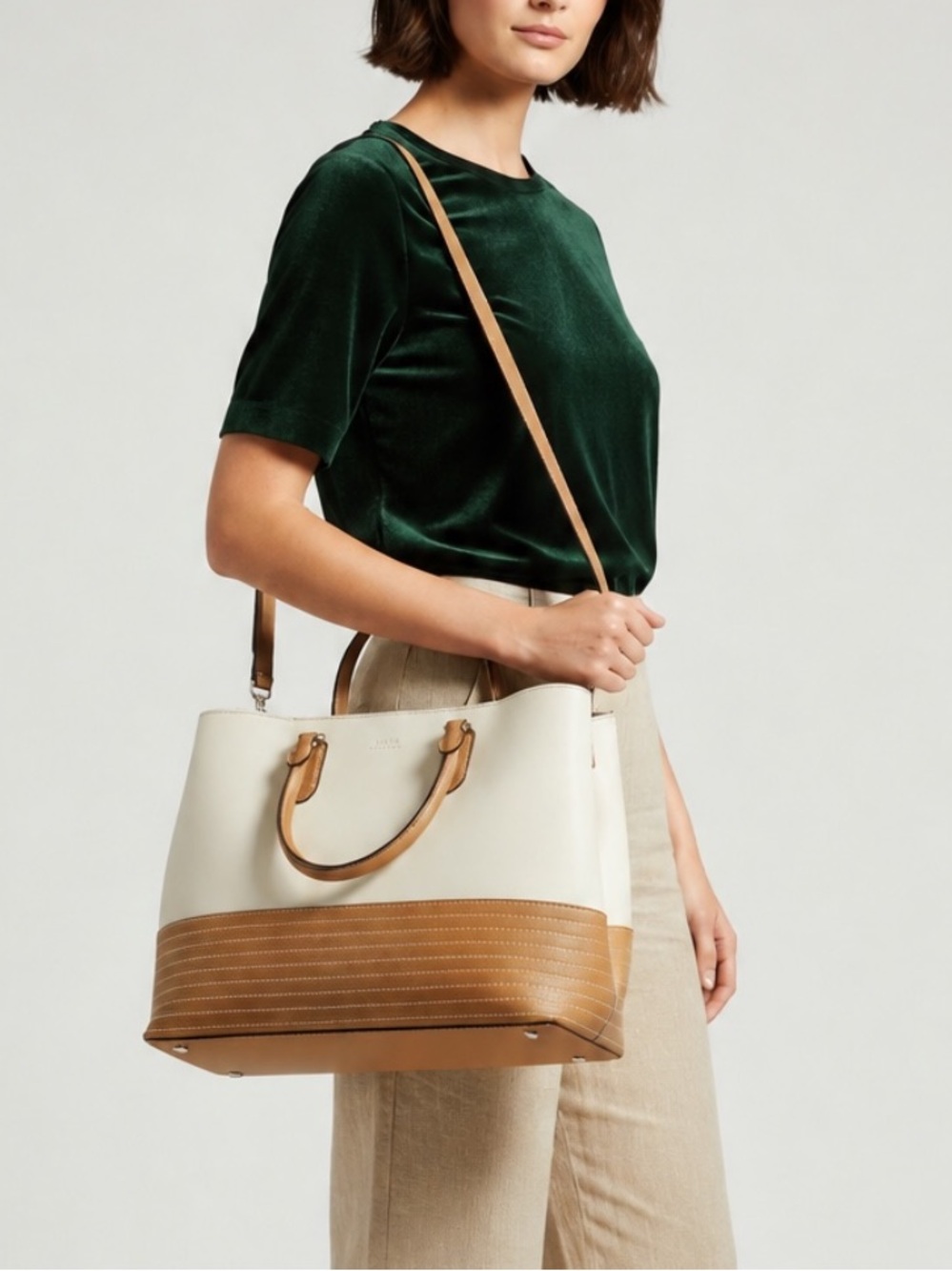 Ralph Lauren Stitched Full-Grain Smooth Leather Large Marcy Satchel Bag Purse